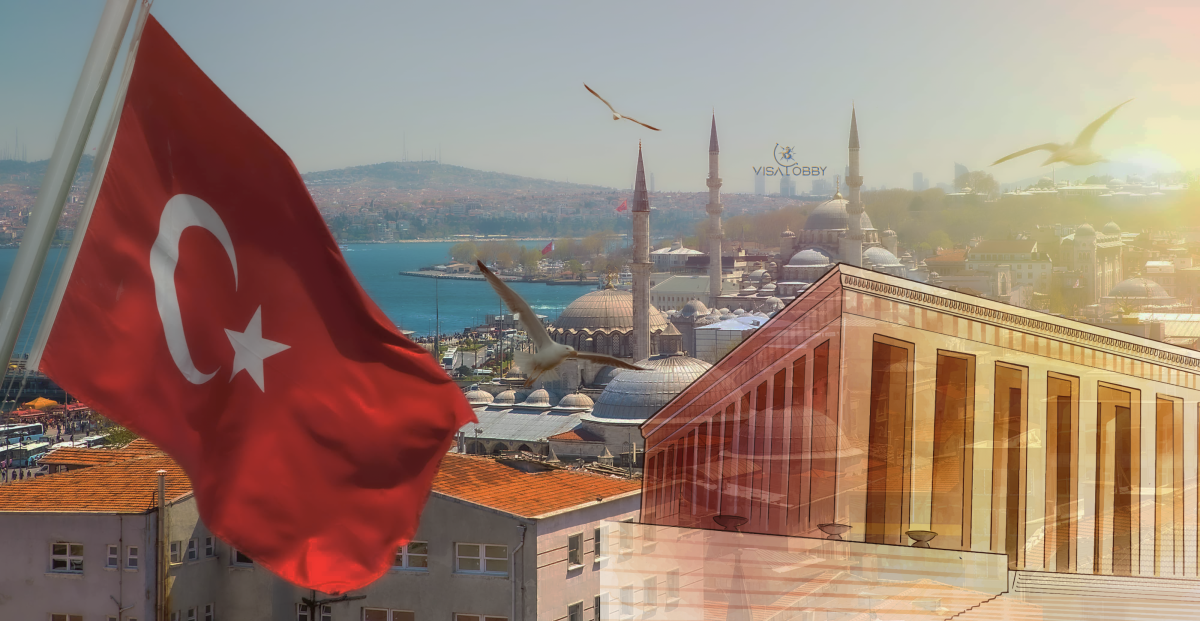 Turkish flag with an aerial view of buildings - Things you need to know before moving to Turkey