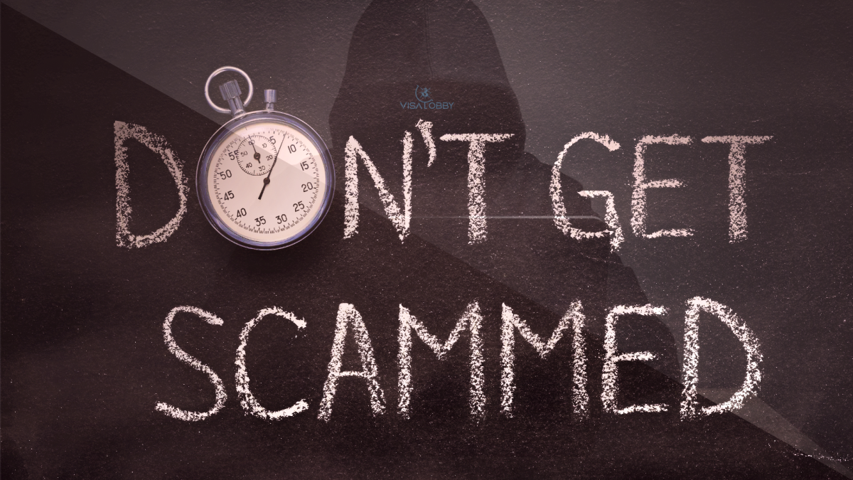 Chalk board written with 'Don't Get Scammed' with a timer - Visa Scam