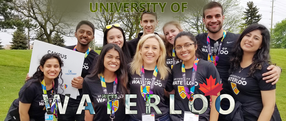 Ten students wear a black shirt and a belt around their neck with "The University of Waterloo"